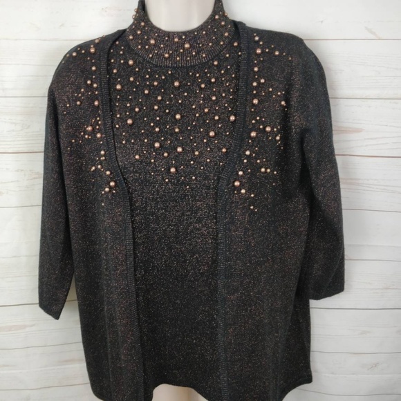 Susan Graver Sweaters - Susan Graver Rose Gold Cardigan Set Beaded XS